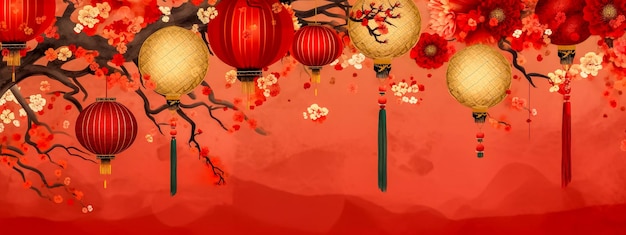 Abstraktes rotes Banner zum chinesischen Neujahr mit Dekoration und Kopierraum, erstellt mit generativer KI