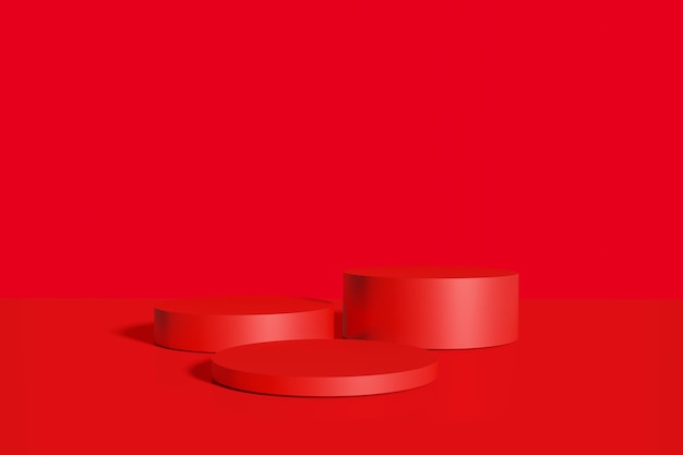 Abstraktes rotes Sockeldisplay mit Zylindern mit Box-Stand-Konzept. Podium für Markenpromotionsprodukte, realistisches 3D-Digital-Rendering