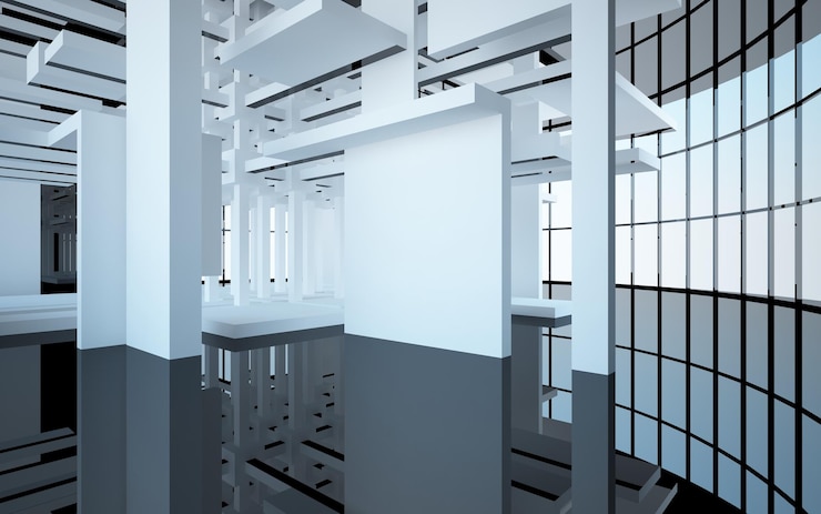 Foto abstraktes schwarzes interieur aus weißen und grünen würfeln mit fenster-3d-illustration und renderin