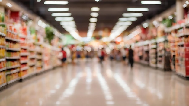 Abstraktes verschwommenes Innere des Supermarktganges mit ausgebreitetem Hintergrund mit Bokeh-Licht