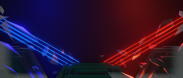Abstraktes Videospiel von Scifi-Gaming rot blau vs. Esports-Hintergrund vr-Virtual-Reality-Simulation und Metaverse-Szene stehen auf Podestbühne 3D-Illustration, die einen futuristischen Neon-Glow-Raum wiedergibt