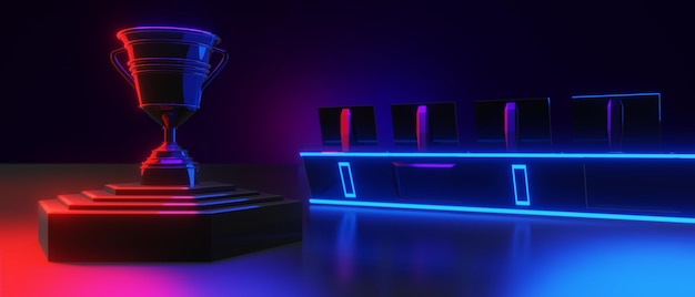 Abstraktes Videospiel von Scifi-Gaming rot blau vs. Esports-Hintergrund vr-Virtual-Reality-Simulation und Metaverse-Szene stehen auf Podestbühne 3D-Illustration, die einen futuristischen Neon-Glow-Raum wiedergibt
