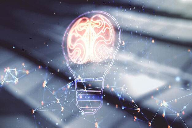 Abstraktes virtuelles Ideenkonzept mit Glühbirne und Abbildung des menschlichen Gehirns auf verschwommenem abstraktem Metallhintergrund Neuronale Netze und maschinelles Lernkonzept Mehrfachbelichtung