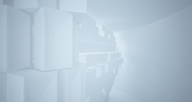 Abstraktes weißes architektonisches Interieur aus einer Reihe von weißen Würfeln mit großen Fenstern 3D