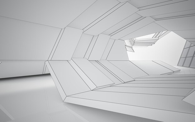 Abstraktes weißes Interieur der Zukunft mit Neonbeleuchtung. 3D-Darstellung und -Rendering
