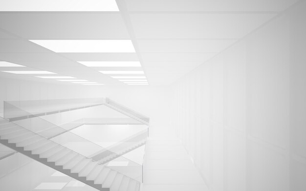 Abstraktes weißes Interieur der Zukunft mit Neonbeleuchtung. 3D-Darstellung und -Rendering