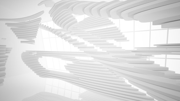 Abstraktes weißes parametrisches Interieur mit 3D-Darstellung und Rendering des Fensters
