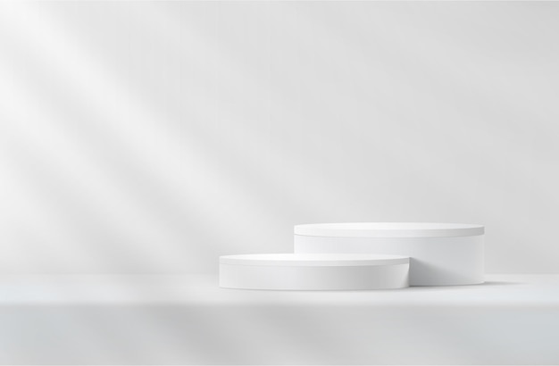 Abstraktes weißes realistisches 3D-Zylindersockelpodium mit blauem Hintergrund und Schattenüberlagerung Abstraktes Vektor-Rendering geometrische Plattform Präsentation der Produktpräsentation Minimale Szene