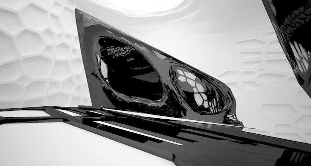 Abstraktes weißes und schwarzes glattes parametrisches Interieur mit 3D-Darstellung und Rendering von Fenstern