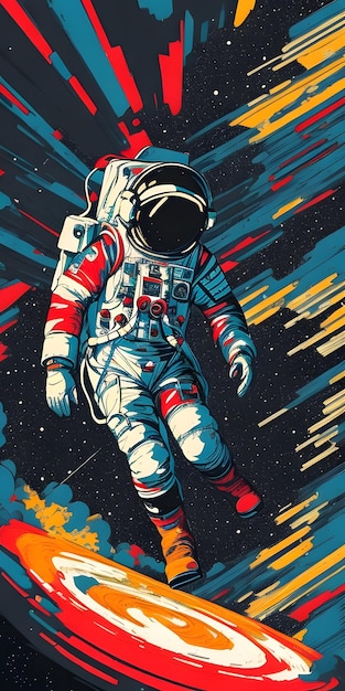 Abstraktes Weltraumposter mit Linolschnitt-Astronautenzeichnung, Vintage-inspirierte Grafikkunst, KI-generativ