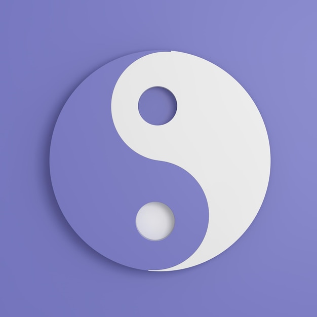 Abstraktes Yin-Yang-Symbol auf einem violetten oder sehr peri-Hintergrund 3D-Rendering