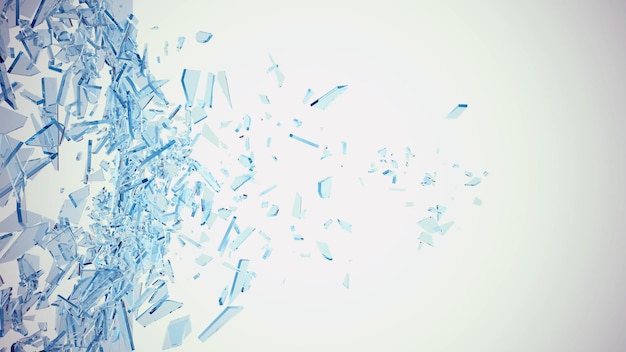 Abstraktes zerbrochenes blaues Glas in Stücke isoliert auf weißem Hintergrund. 3D-Darstellung