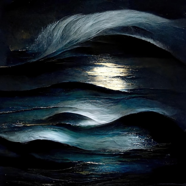 Abstraktion der Natur Dunkle Nacht Seelandschaft von stürmischen Wellen mit Schaum mit Mond 3D-Darstellung