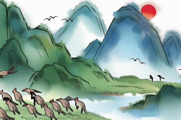 Foto abstrato artístico aquarela estilo tinta montanha pássaro animal sol natureza paisagem ilustração