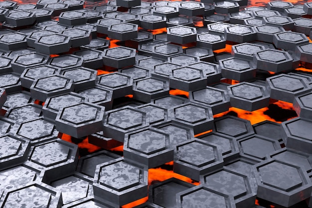 Abstrato base de grade hexagonal com lava brilhando Scifi com hexágonos de metal e magma 3d render
