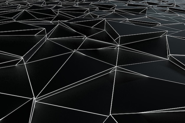 Abstrato base de poli baixa futurista de triângulos pretos com uma grade branca luminosa. Renderização 3D preta minimalista.