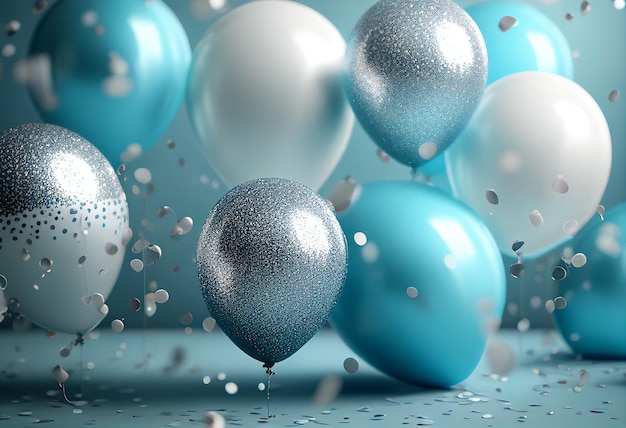 Abstrato belo fundo festivo com azuis e prateados balões realistas monte de confetes brilhantes e cintilantes Criado com IA generativa