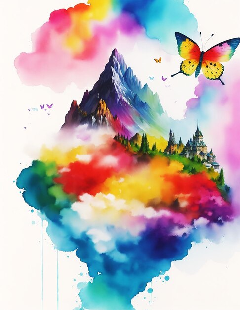 abstrato borboleta flor arco-íris nuvem montanha mistério pintura de terra em papel HD imagem aquarela