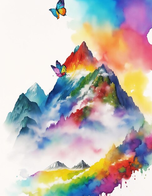 abstrato borboleta flor arco-íris nuvem montanha mistério pintura de terra em papel HD imagem aquarela