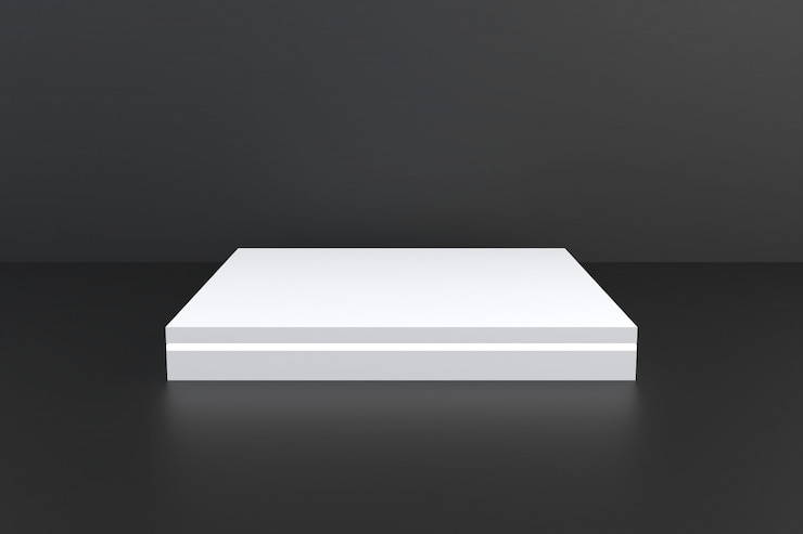 Foto abstrato branco quadrado pedestal palco sobre fundo preto, pódio branco em branco para o presente produto de publicidade