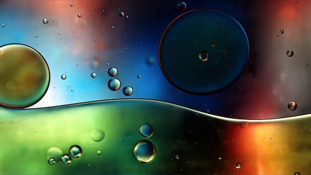 Abstrato Colorido Gotas de Óleo Bolhas e Esferas Fluindo na Superfície da Água Fotografia Macro