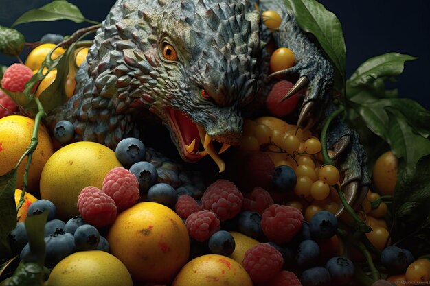 Foto abstrato colorido monstro de frutas assustador com frutas foco suave seletivo
