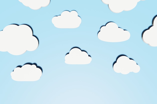 Abstrato com diferentes nuvens planas com sombras sobre o céu azul. Layout criativo. Copiar espaço, renderização 3D