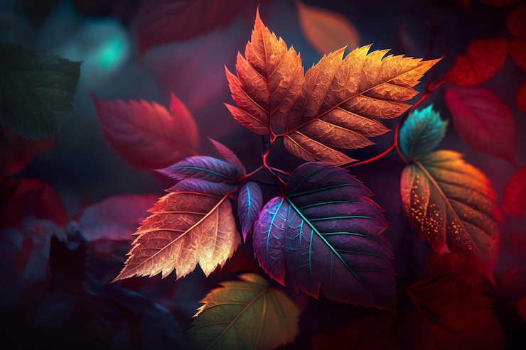 Foto abstrato com folhas tropicais em magenta e azul generative ai