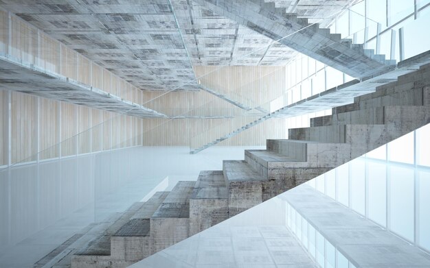 Abstrato concreto e interior paramétrico de madeira com janela. Ilustração 3D e renderização.