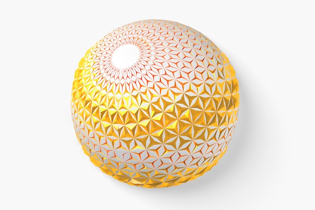 Foto abstrato criativo moderno ouro e fundo de esfera tridimensional 3d branco com colapso em muitos triângulos diferentes ao redor da ilustração da camada 3d