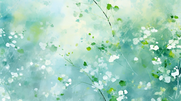 Abstrato de aquarela verde de primavera com flores azul-azul claro e branco Pintura digital gerada por IA