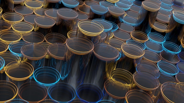 Abstrato de cilindros de vidro com bordas luminosas. ilustração 3D. Vidro escuro e brilho nas cores laranja e azul. Fundo bonito para o seu design