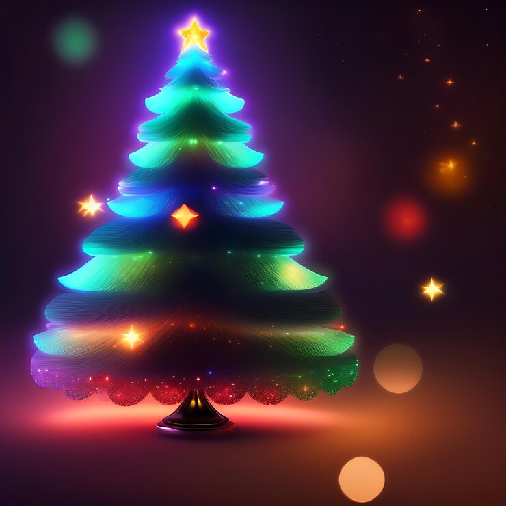 Foto abstrato de natal com árvore de natal desfocada e luzes nas costas efeito boken