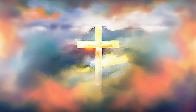 Foto abstrato embaçado da pintura em aquarela representando uma cruz conceitual ou outro símbolo religioso sobre um céu ao pôr do sol com nuvens como deus generative ai