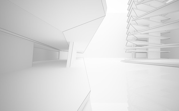 Abstrato espaço público multinível interior branco com iluminação neon. Ilustração 3D e renderização.