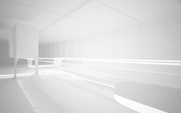 Abstrato espaço público multinível interior branco com janela. Ilustração 3D e renderização.