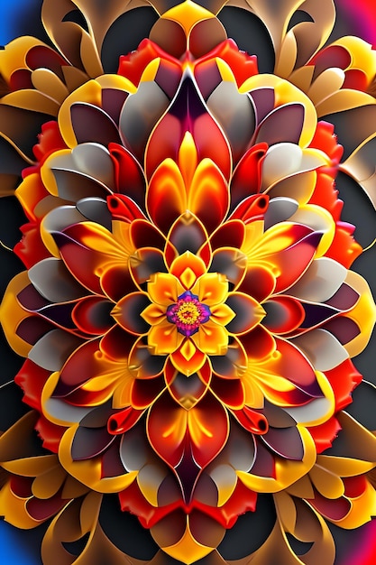 Abstrato, exótico, transparente, flor vermelha e amarela, design de mandala psicodélica