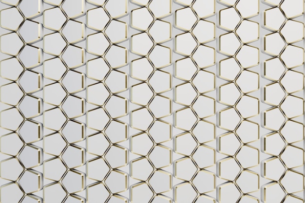 abstrato. fileiras de hexágonos brancos com aro dourado. renderização 3D. ilustração 3D