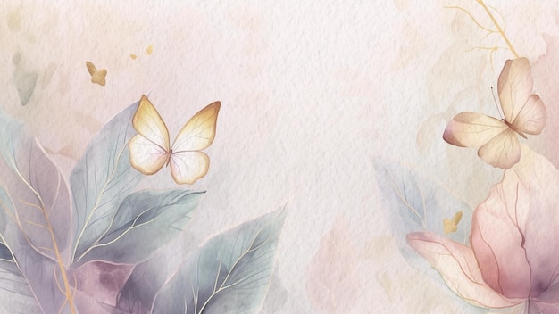 Abstrato floral e fundo aquarela borboleta em papel com salpicos de ouro