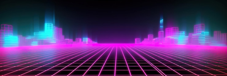 Foto abstrato fundo cyberpunk retrowave dos anos 80 com grade de perspectiva neon de espaço de cópia