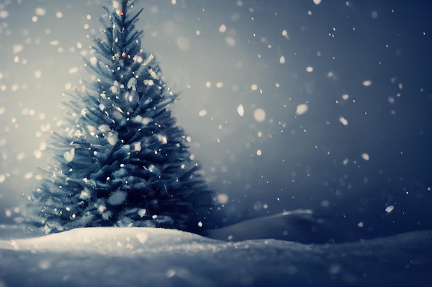Abstrato fundo desfocado da árvore de Natal com neve à noite e cópia do espaço de férias e conceito de celebração renderização em 3d