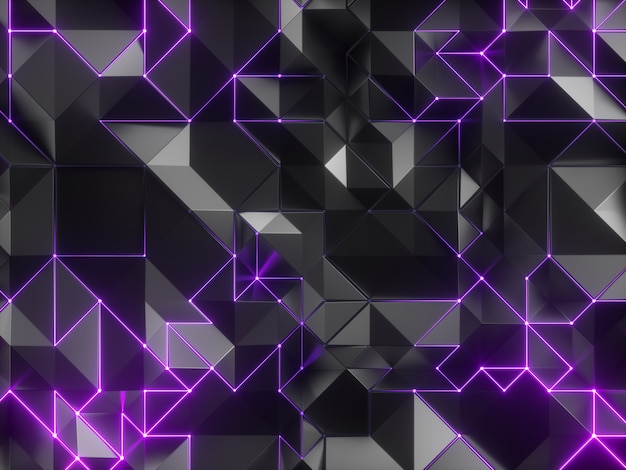 Abstrato geométrico fundo poligonal preto com linhas brilhantes violetas