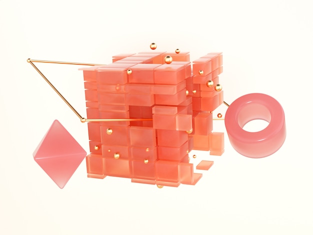 Foto abstrato laranja cubo forma rosa círculo flutuante 3d renderização branco