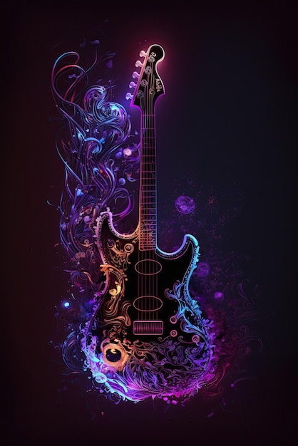 Abstrato luz de néon Guitarra elétrica design de arte papel de parede de arte digital brilhante fundo do espaço Generative ai