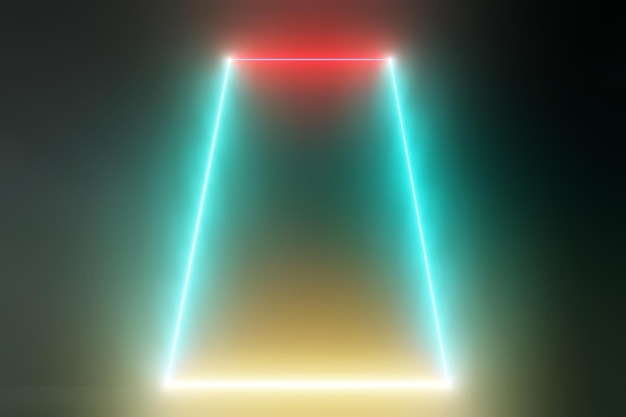 Foto abstrato luz neon brilhante porta fantástica sala de estúdio escuro com renderização 3d de fundo de fumaça