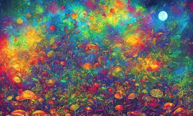 Abstrato psicodélico com cogumelos coloridos brilhantes