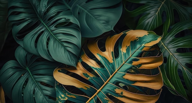Abstrato verde Tropical Banana e Monstera Deixa o fundo criado com a tecnologia Generative AI