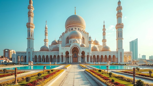 Abu Dhabi en el atardecer dorado Vista exterior de la mezquita de los Emiratos Árabes Unidos