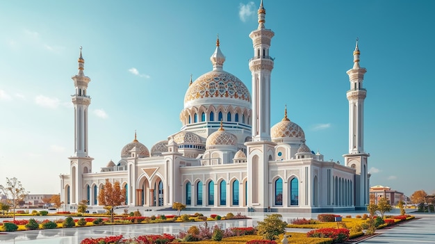 Abu Dhabi en el atardecer dorado Vista exterior de la mezquita de los Emiratos Árabes Unidos