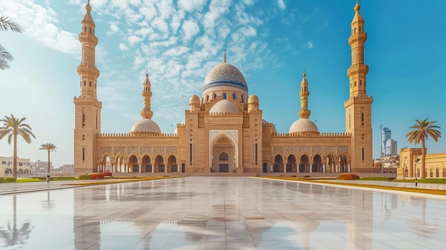 Abu Dhabi beim goldenen Sonnenuntergang Außenaussicht auf die Moschee Vereinigte Arabische Emirate